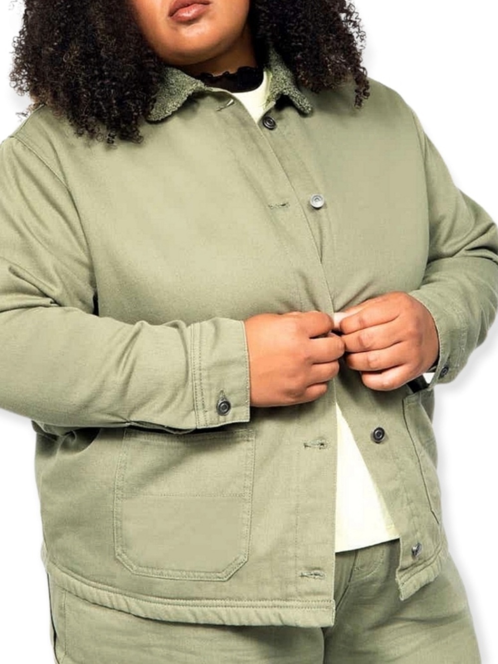 BP. + Wildfang Green Utility Cotton Twill Faux Shearling Button Front Jacket L